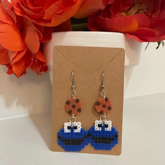 Hand Crafted Jewelry Perler Bead Cookie Monster Earrings
